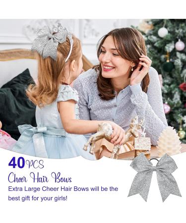 40 Pcs 8 Glitter Cheer Hair Bows Bulk - Silver Shiny Ponytail Holders for Cheerleaders - Buy Online on GoSupps.com