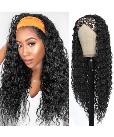 Headband Wig Curly Headband Wigs for Black Women Water Wave Headband Wigs 180% Density Synthetic Glueless Half Wigs with Headbands Attached (26 Inch,1B) 26 Inch 1B