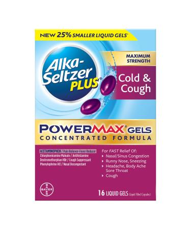 Alka Seltzer Plus Maximum Strength PowerMax Cold and Cough Medicine Liquid Gels for adults with Pain Reliever Fever Reducer Cough Suppressant and Nasal Decongestant 16 count