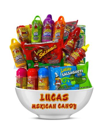 Lucas Mexican Candy Mix (14 Count) Variety of Sour, Sweet, Spicy, Include Skwinkles Rellenos, Pelucas, Muecas Chamoy, Watermelon, Mango, Baby Powder, Gusano, Salsagheti, Bomvaso by LookOn 1 Count (Pack of 1)