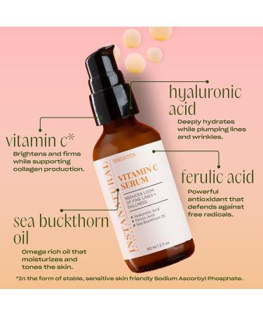 InstaNatural Vitamin C Face Serum with Hyaluronic Acid & Ferulic Acid | Brightening & Hydrating Formula for Radiant Smooth-Looking Skin - 2 FL Oz Vitamin C Serum - Buy Online on GoSupps.com