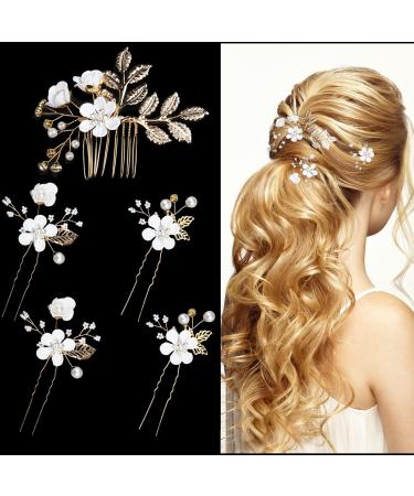 5 Pieces Wedding Flower Hair Pins for Women Hair Accessories Gold Rhinestone Hair Clips Pearl Side Hair Combs for Brides Girls White