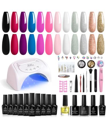 Beetles 12 Colors Gel Nail Polish Starter Kit with U V Light 48W LED Nail Lamp Gel Base Top Coat Cure White Pink Red Glitter Gel Polish Nail Art Rhinestone Gems Manicure Decoration Gifts for Women A-Upgraded Starter Kit