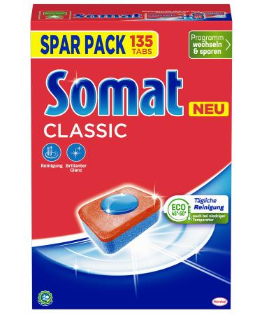 Somat Classic dishwasher tabs (135 tabs) dishwasher flushing tabs for powerful cleaning rinsing leave bright dishes 135 pieces (1 Pack) 135 tabs even at low temperatures