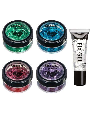 Biologically degradable eco-glitter from Moon Glitter-100% cosmetic organic glitter for face body nails hair and lips-4-Set of 3G-plus glitter fixation gel
