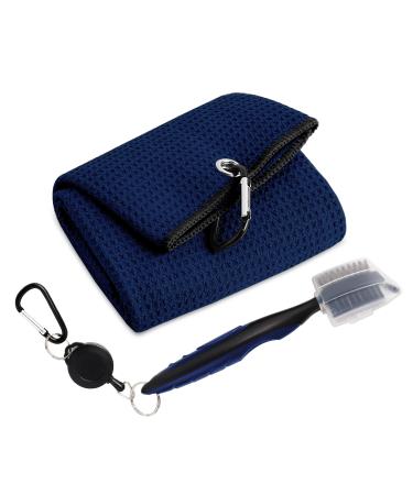 Golf Towels for Men, Microfiber Golf Towel, Waffle Pattern Tri-fold Golf Accessories for Men | Golf Cleaning Brush | Navy Blue Golf Towel (Navy Towel with Brush)