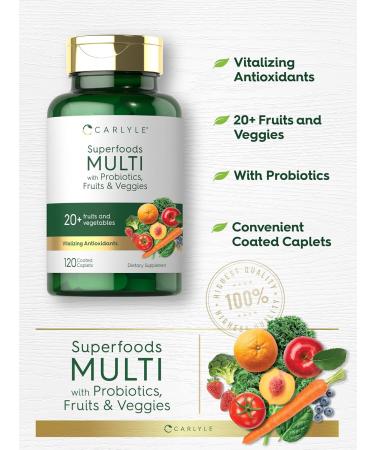 Carlyle Fruits and Veggies Supplement | 120 Count | Superfood Multivitamin with Probiotics | Made with 20 Fruits and Vegetables | Non-GMO & Gluten Free - Buy Online on GoSupps.com