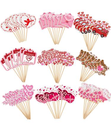 SANNIX 72Pcs Valentines Day Cupcake Toppers Decorations Happy Valentines Day Cupcake Topper Pink Red Valentine Picks for Valentine's Day Wedding Engagement Party Decorations(9 Design)