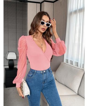 Fayenne Womens Tops Deep V Neck Cross Wrap Sexy Tops Polka Dot Mesh Long Sleeve T Shirt Casual Blouses M Deep Pink - Buy Online on GoSupps.com