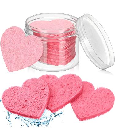 60 Pieces Facial Sponges with Container, Heart Shape Compressed Face Sponge Natural Sponge Pads for Washing Face Cleansing Exfoliating Esthetician Makeup Removal (Pink)