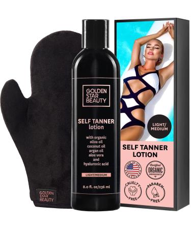 Organic Self Tanning Lotion for Natural Looking Tan-Fake Tan-Best Sunless Tanning Lotion for Bronze Skin-Best Self Tanners for Face and Body-with Tanning Mitt (Light to Medium)