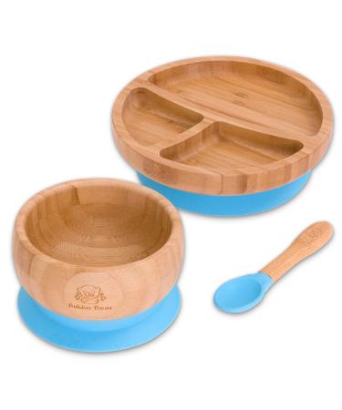 Bubba Bear Baby Bamboo Suction Bowl Plate & Spoon Set | Stay Put Toddler Led Feeding Bowls & Plates | Guide to Weaning eBook Blue