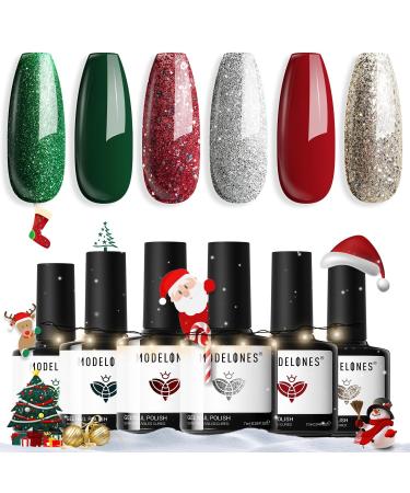 Modelones Gel Nail Polish 6 Colors Christmas Winter Sparkle Dark Green Red Glitter Silver Champagne Rose Gold New Year Shades Gel Polish Kit Fall Soak Off Nail Art Manicure Home Gifts for Women
