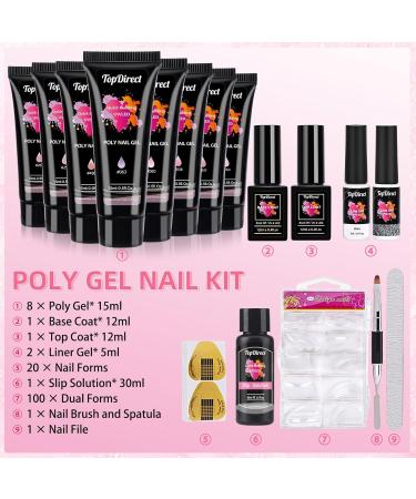 TopDirect Poly Gel Nail Kit - 8 Colours Poly Gel + White & Silver Liner Gel Polish - Beginner's Full Set with 100 False Nail Tips - Builder Gel Kit for Women - Mix-1 - Buy Online on GoSupps.com