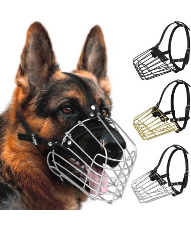 Budka's German German Shepherd Maulkorb Metal basket for medium -sized dogs adjustable long -lasting leather straps Safe wire mask to bite chewing (silver L - size) silver L -size