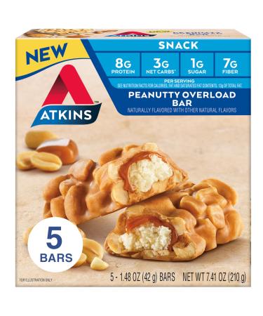 Atkins Peanutty Overload Snack Bar, Protein Snack, High in Fiber, 2g Sugar, 5 Count Peanut 1 Count (Pack of 1)