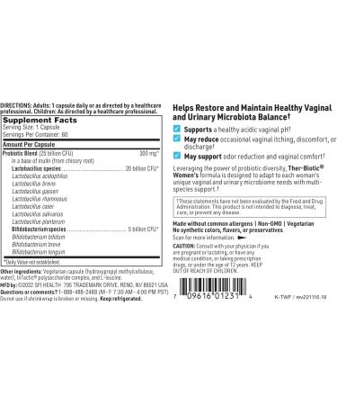 Klaire Labs SFI Health Ther-Biotic Women s Probiotics - 60 Capsules for Vaginal pH Balance & Comfort - 25b CFU Lactobacillus & Bifidobacterium - Hypoallergenic International Shipping Available - Buy Online on GoSupps.com