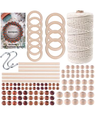 120pcs Macrame Kits for Beginners 3mm x 109yards Natural Cotton Macrame Cord with Wooden Beads Wooden Rings Wooden Sticks Metal Rings Macrame Supplies Best for Macrame Plant Hanger 3MM x 109Yards Kit-120pcs