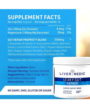 Liver Medic Leaky Gut Repair L Glutamine Powder - Gluten-Free Gut Health Supplement - Soothes Bloating & IBS - 180g Unflavored - Buy Online on GoSupps.com