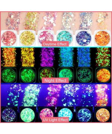 Glow in The Dark Face Body Glitter Gel Set - Holographic Iridescent Chunky Glitter for Women - UV Black Light Makeup for Carnival Party - Buy Online on GoSupps.com