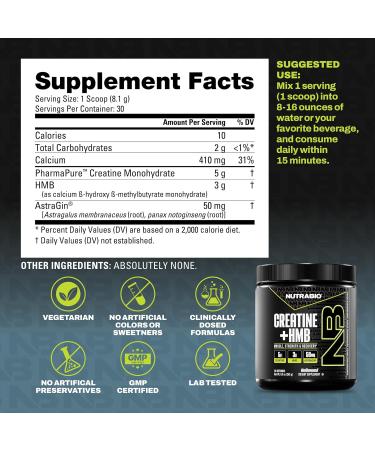 NutraBio Creatine + HMB- Creatine Monohydrate with HMB Powder for Muscle Growth Increased Strength- 30 Servings (Unflavored) - Buy Online on GoSupps.com