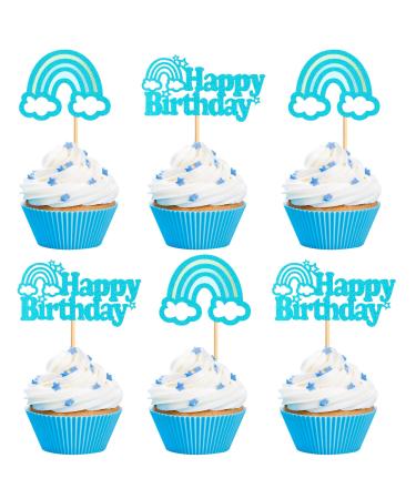 Ercadio 24 Pack Boho Rainbow Happy Birthday Cupcake Toppers Blue Boho Rainbow Cupcake Picks Boho Cake Toppers for Boho Rainbow Theme Birthday Baby Shower Party Decor Supplies A-hp Blue
