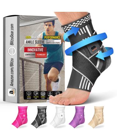 BLITZU Ankle Brace With Adjustable Compression Support Strap for Achilles Tendonitis  Joint Pain Relief. Ankle Wrap for Women & Men. Sprained Ankle & Protectors Sleeve for Heel Pain  Foot Arch Black L Black Large