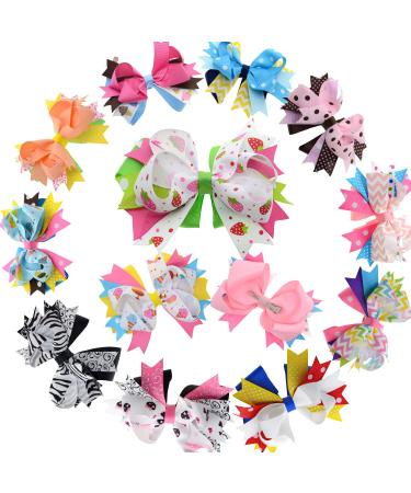 5 inch Stacked Hair Bows for Teen Adult Girls Boutique Hair Bow Clip for Pigtail 12 colors (1 pcs each color)