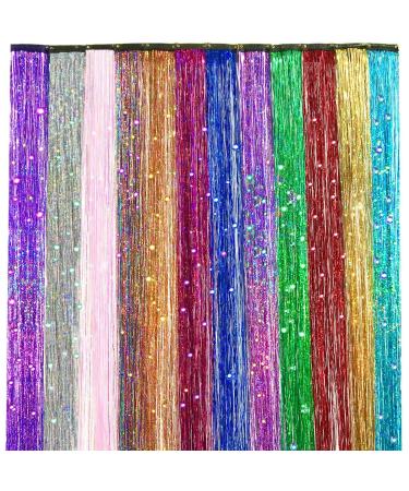 Angels Beauty Hair Tinsel Strands Kit 48 Inches 12 Colors Dazzle Glitter Hair, With Tools Multi Color Synthetic Heat Resistant Sparkling Party Hair (12Colors, 2400 Pieces) 12Colors 2400 Pieces