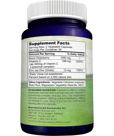 Black Elderberry Capsules with Vitamin C & Zinc - 1000mg Sambucus Nigra & Liposomal VIT C - Immune Support Booster - 120 Veggie Caps - Buy Online on GoSupps.com