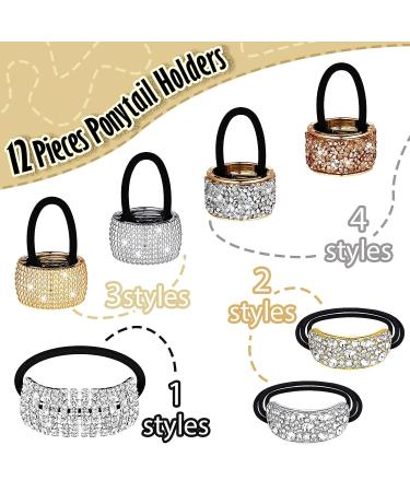 12 Pcs Rhinestone Ponytail Holder Cuffs - Crystal Hair Tie Accessories for Women and Girls - Mixed Colors - Buy Online on GoSupps.com