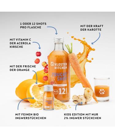 Kloster Kitchen Pack of 7 Organic Ginger Shots - 30ml - With real pieces of ginger - Vegan in a convenient glass bottle - Fruity and sweet with no additives and a touch of sweetness - Buy Online on GoSupps.com