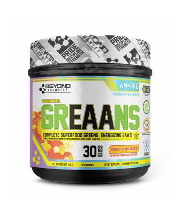 Beyond Yourself - GrEAAns Superfood Greens and EAA Blend | 4000mg Organic Superfood 2625mg Vegan EAAs | Sugar-Free Zero Calories No Synthetic Additives | Optimizes Health Performance and Recovery | Tangy Peach Ringz