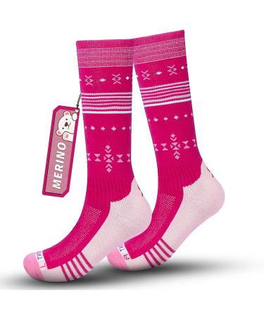Ski socks children merino wool socks young girls otc stripes design thick padded knee high breathable warm compression children socks for winter outdoor sports 1 pair/2 pair 23-29 1 pair rose