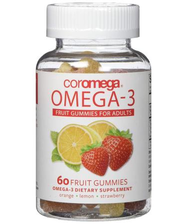 Coromega Omega-3 Fruit Gummies for Adults Orange Lemon Strawberry 60 Fruit Gummies
