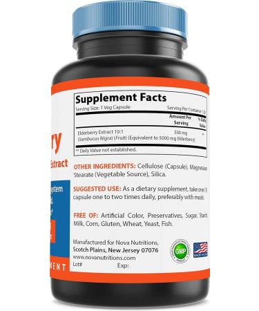 Nova Nutritions Elderberry Sambucus Nigra Extract 5000mg - 120 Veg Capsules, Cold flu & Allergy Relief, Immune Support - Buy Online on GoSupps.com
