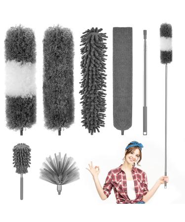 Microfiber Duster with Bendable Head 7PCS, Reusable Long Feather Duster with 30-100 inches Extension Pole, Duster for Cleaning Cobweb, Ceiling Fan/High Ceiling, Blinds, Furniture, House Cleaning Kit