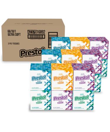 Amazon Brand - Presto! Ultra-Soft Facial Tissues (18 Cube Boxes), 3-Ply Premium Thick, 66 Count (Pack of 18)