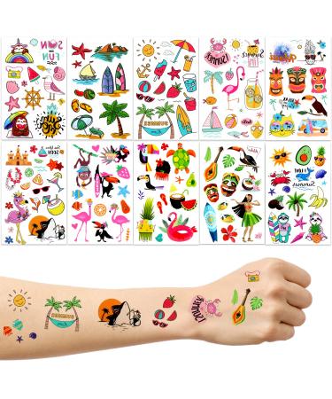 LOMIMOS 138pcs Hawaiian Luau Themed Temporary Tattoo Tropical Summer Beach Pool Party Sticker for Kid Adult (10 Sheets) Summer 138pcs
