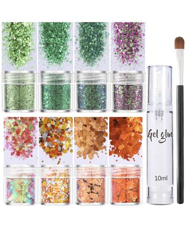 Chunky Holographic Body Glitter 8 Jars Cosmetic Glitter + Gel Glue + Brush for Face Glitter Makeup Hair Eye & Fine Glitter Eyeshadow - Perfect for Festival Halloween Party Resin Craft Nail Art