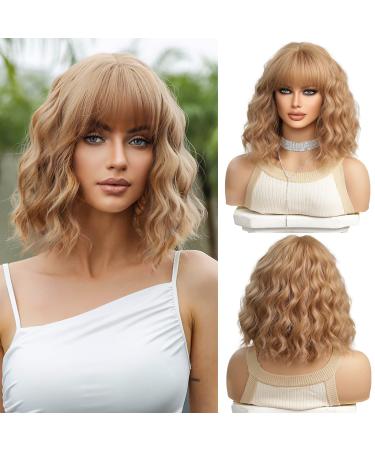 OUFEI Strawberry Blonde Wigs for Women Short Wavy Wig With Bangs Natural Synthetic Hair Heat Resistant Wigs for Daily Party Cosplay Wear
