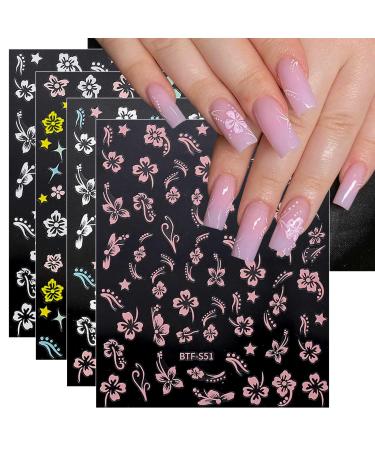 JMEOWIO 9 Sheets Spring Flower Hibiscus Nail Art Stickers Decals Self-Adhesive Pegatinas U as Colorful Summer Floral Pink Nail Supplies Nail Art Design Decoration Accessories