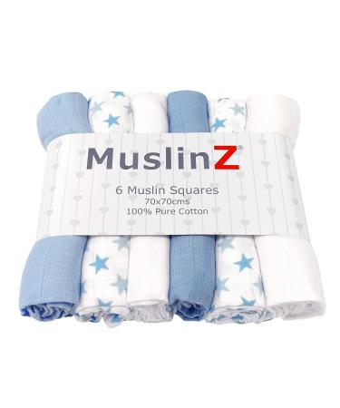 MuslinZ 6pk Baby Muslin Squares - Baby Burp Cloth - Newborn Essential mulit-use - Soft and Absorbent 100% Cotton 70x70cm (Blue)