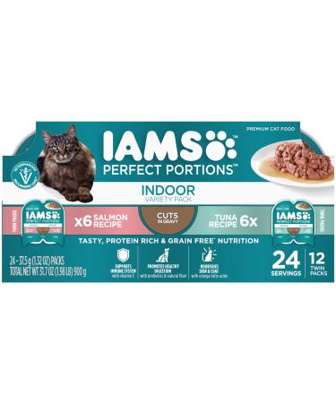 IAMS Perfect Portions Healthy Grain Free Wet Cat Food, Variety Packs, 12 and 24 Count Twin-Packs Cuts in Gravy Variety: Indoor Tuna & Salmon 2.6 Ounce (Pack of 12)
