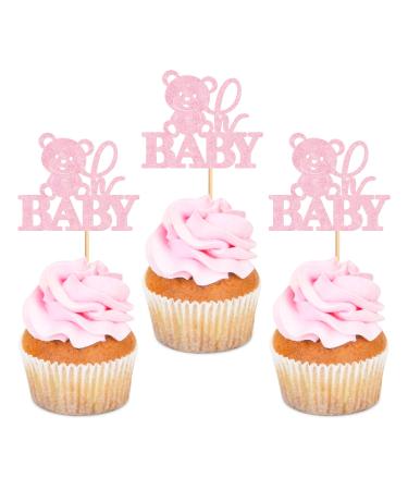Ercadio 24 Pack Bear Oh Baby Cupcake Toppers Pink Glitter Bear Oh Baby Cupcake Picks Bear Oh Baby Cupcake Decorations Bear Themed Baby Shower Birthday Party Cake Decor Supplies Oh Baby Pink