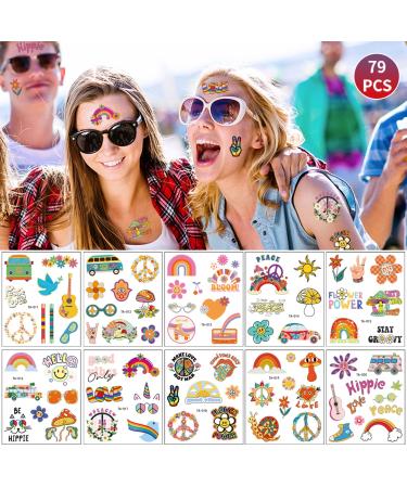 79 Pcs Groovy 70 s Temporary Tattoos Flower Fake Tattoo Stickers Cartoon Waterproof Body Sticker for 70 s Retro Hippie Theme Decorations Favor Party Supplies (10 Sheets)