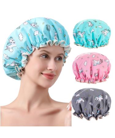 3 Packs Shower Cap Large Shower Caps for Women Eusable Waterproof Double Layer Waterproof Shower Cap for Long Hair (style1)