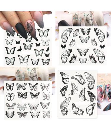 Butterfly Nail Stickers for Nail Art,4 Sheets Water Transfer Nail Art Stickers for Nail Designs,Black Butterfly Nail Art Design Decals,Nail Sticker Decal 5