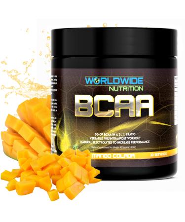 Worldwide Nutrition BCAA Powder - Branched Chain Amino Acids - Pre Intra Post Workout Supplement for Men and Women - Natural Electrolytes Powder for BCAA Energy - Mango Colada - 30 Servings