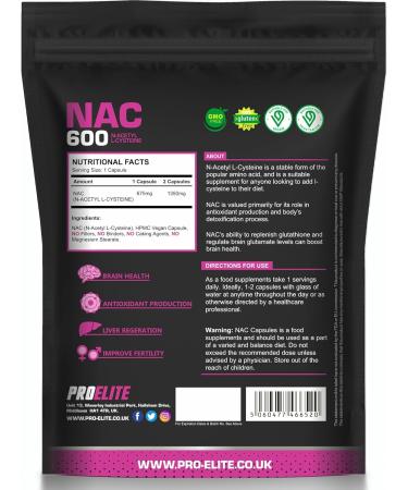 Pure NAC N Acetyl Cysteine 600mg 30 Capsules Vegan Amino Acid L-Cysteine Supplement Replenishes Antioxidant Glutathione Made in UK by PROELITE - Buy Online on GoSupps.com